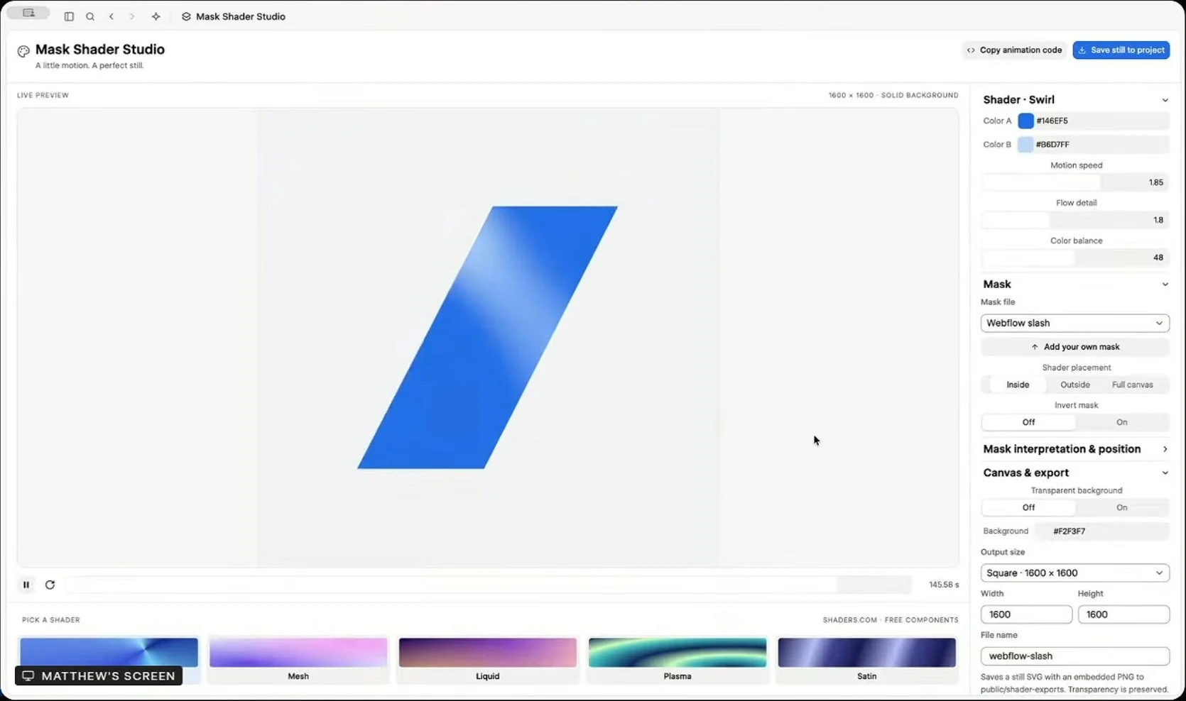 Mask Shader Studio view in Source with a live preview of a blue Webflow slash and shader, mask and export settings