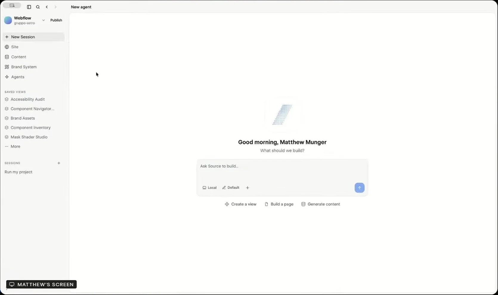 Source start screen with a sidebar of Site, Content, Brand System and Agents views and saved custom views, and an Ask Source to build prompt box
